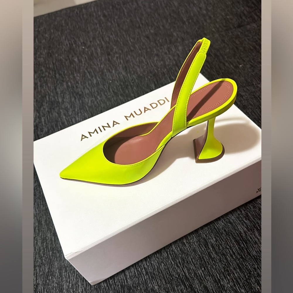 Amina Muaddi Holli 95mm Denim Slingback Pums NEW size US 7/ IT 37